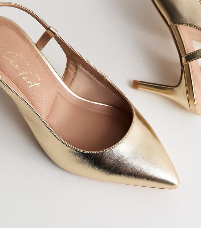 New Look Women's Extra Wide Fit Gold Faux Leather Lizard Embossed Slingback Court Shoes Vegan New Look - 3