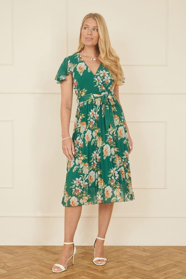 Yumi Yumi Women's Green Floral Pleated Wrap Dress - 3
