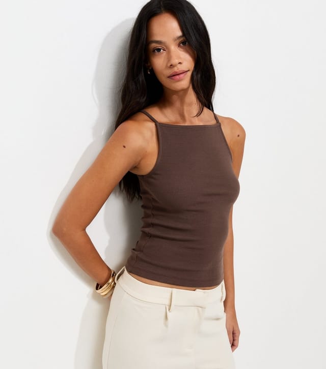 New Look Women's Dark Brown Cotton Rich Ribbed Jersey Vest Top New Look - 2