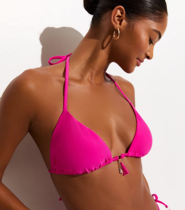 New Look Women's Bright Pink Tassel Trim Removable Padding Triangle Bikini Top New Look - 2