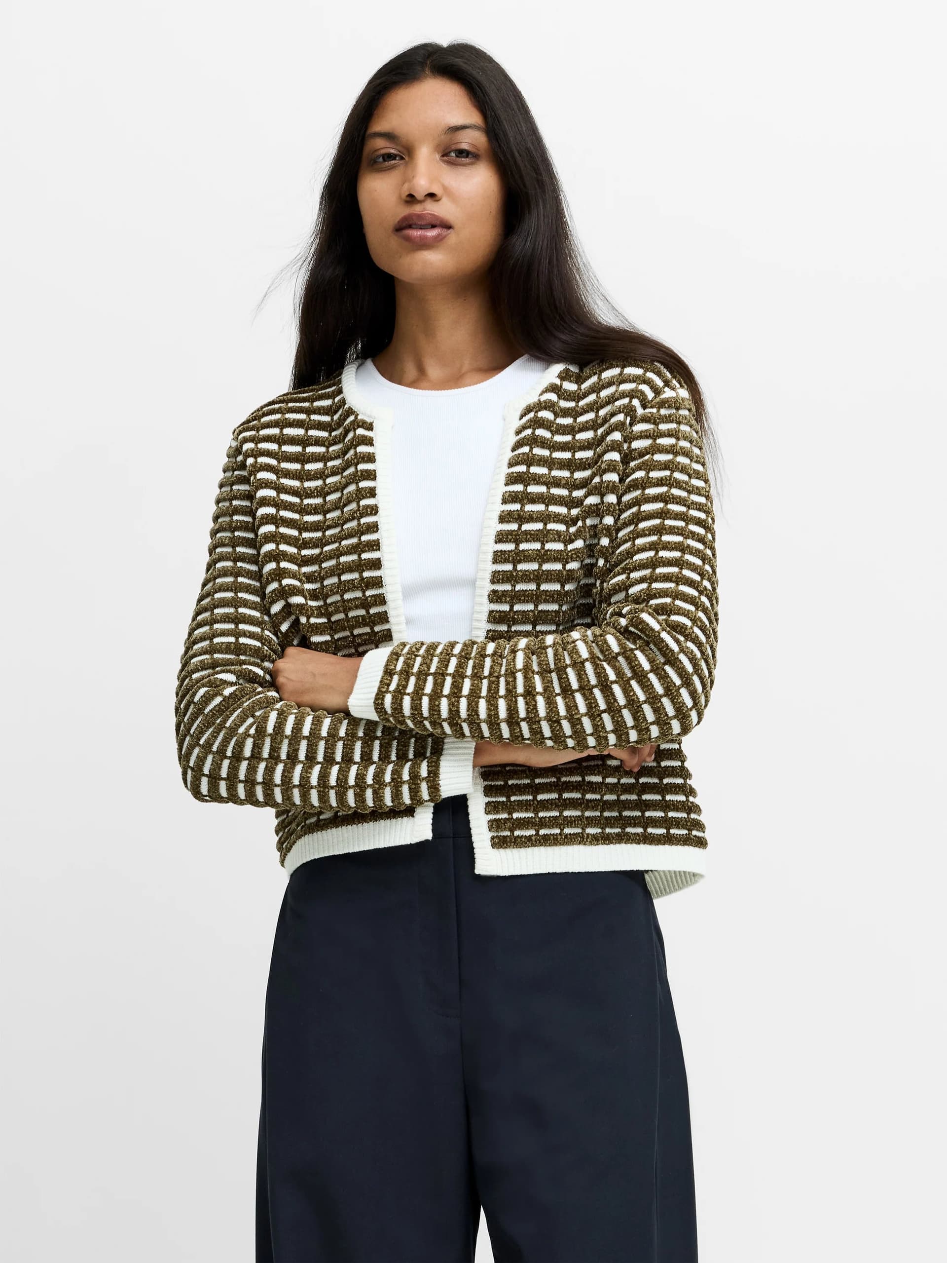 French Connection Noar Green Textured Knit Cardigan Khaki Green/Porcelain Cream