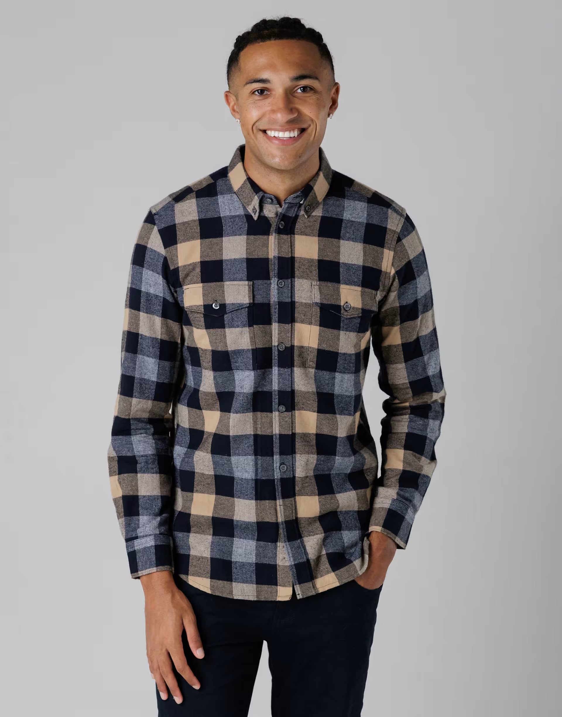 ASOS French Connection Cotton large gingham flannel double pocket long sleeve shirt in camel