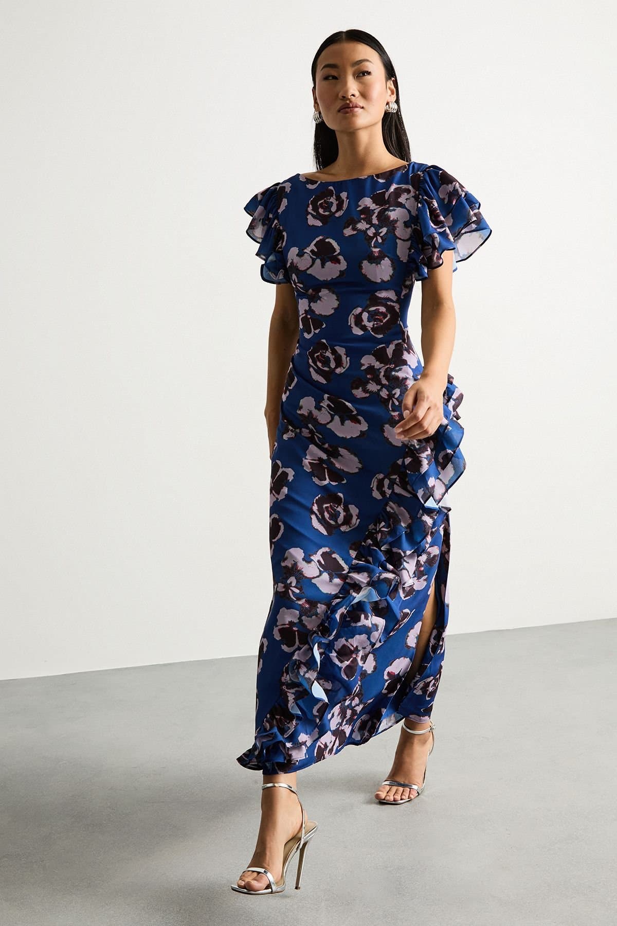 Warehouse Warehouse Women's Petite Printed Side Split Ruffle Detail Maxi Dress in Blue