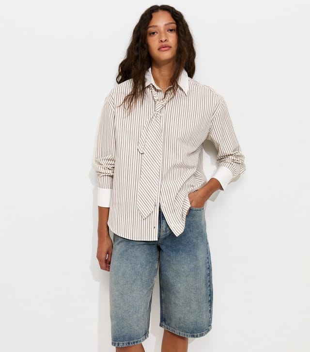 New Look Women's White and Brown Relaxed Striped Shirt with Tie New Look - 3