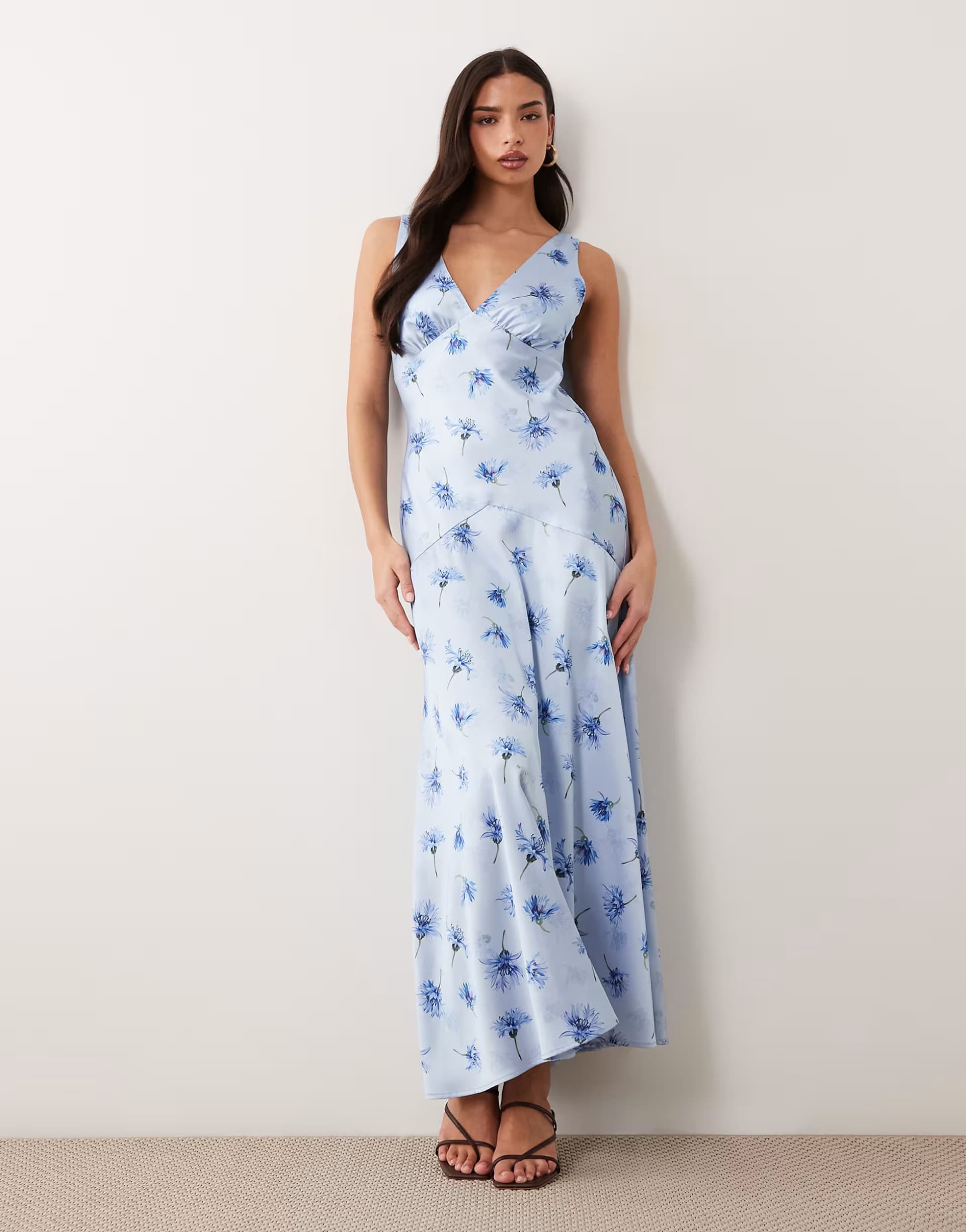 ASOS Gina Tricot sleeveless satin maxi dress in blue flower print