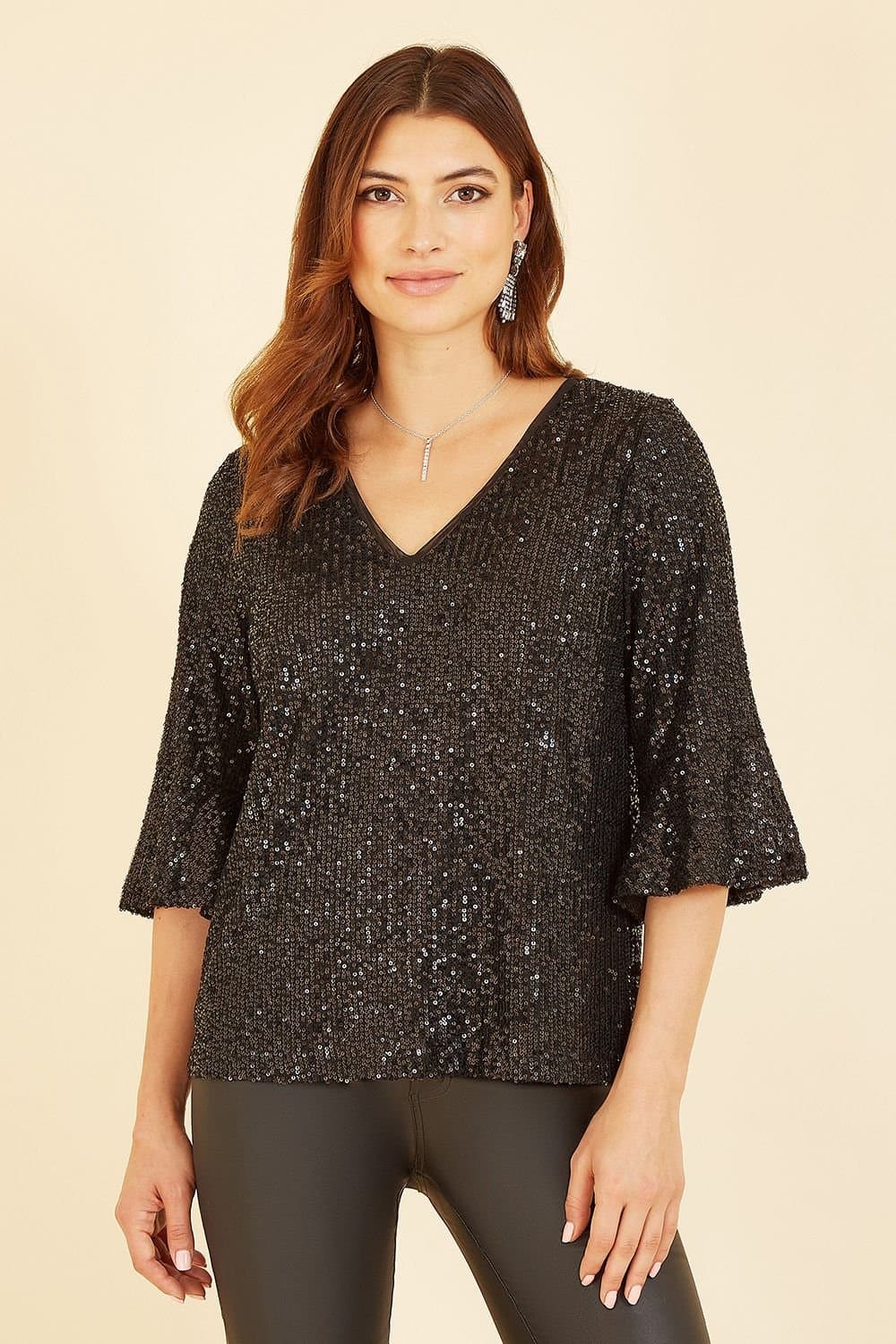 Yumi Yumi Women's Black Sequin Top With Fluted Sleeve