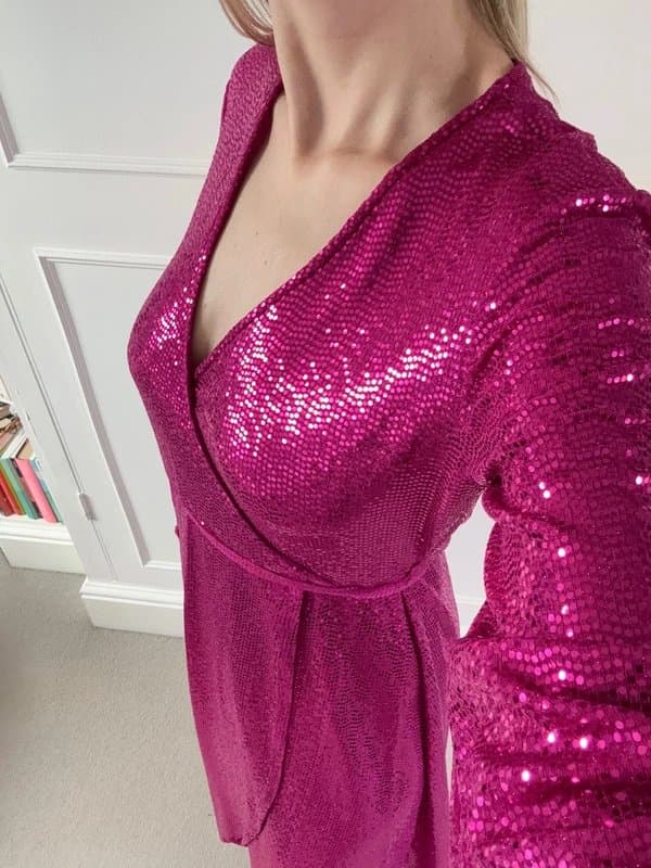 Flounce London Flounce London Petite Long Sleeve Sequin Party Wrap Dress, Pink, Size 12, Brand New with Tags