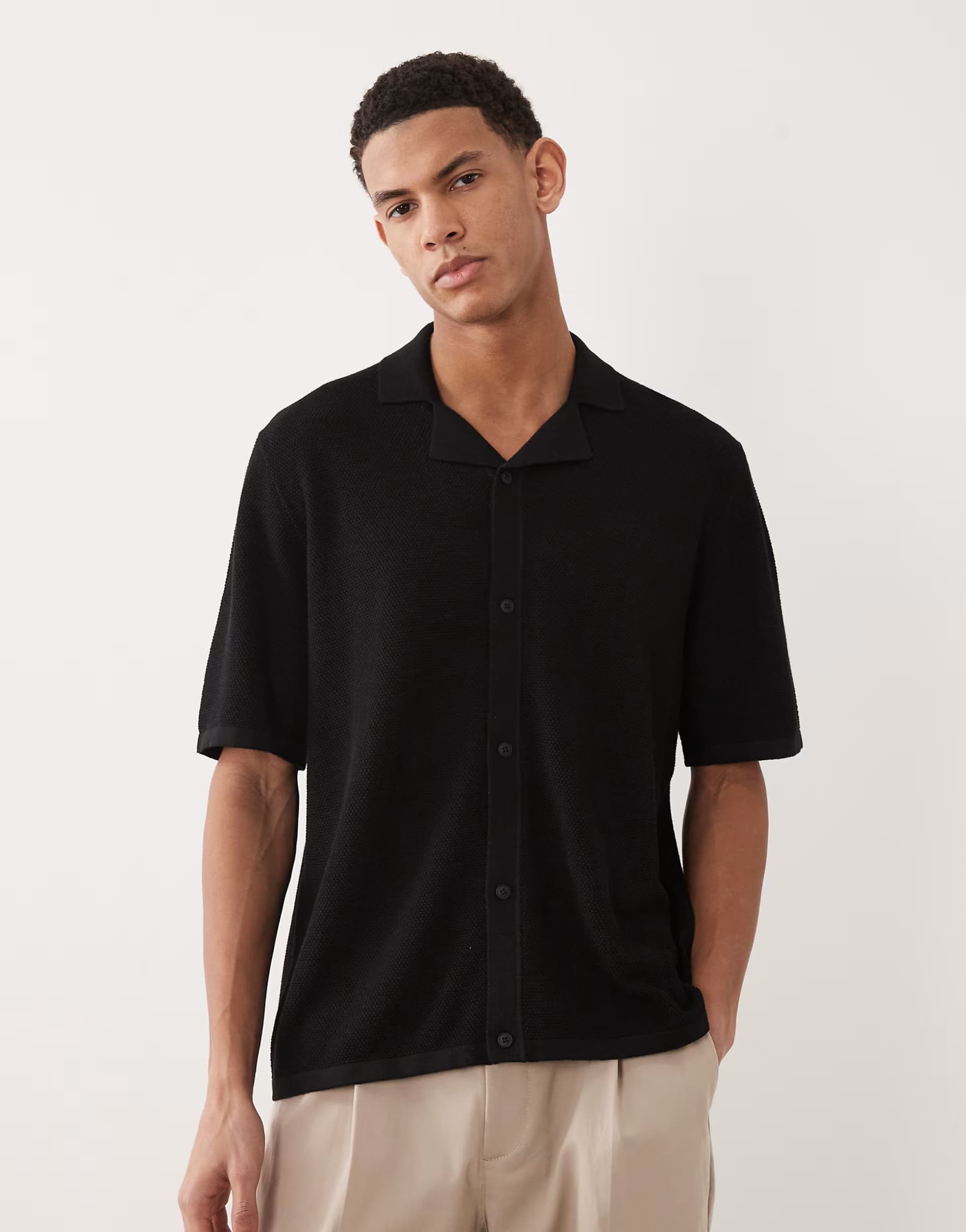 ASOS Jack & Jones knitted button through revere collar shirt in black