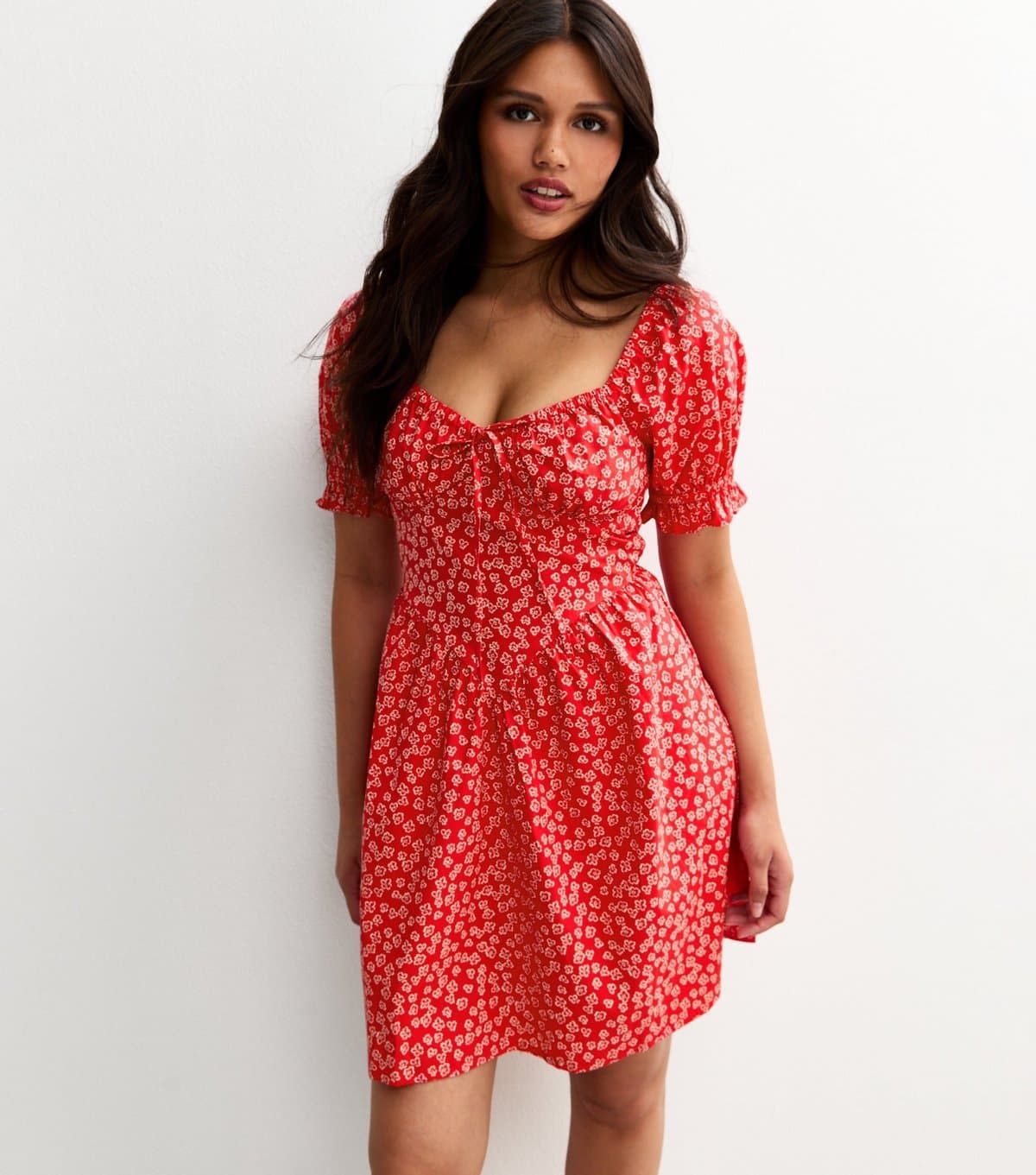 New Look Women's Red Floral Print Puff Sleeve V Front Mini Dress New Look