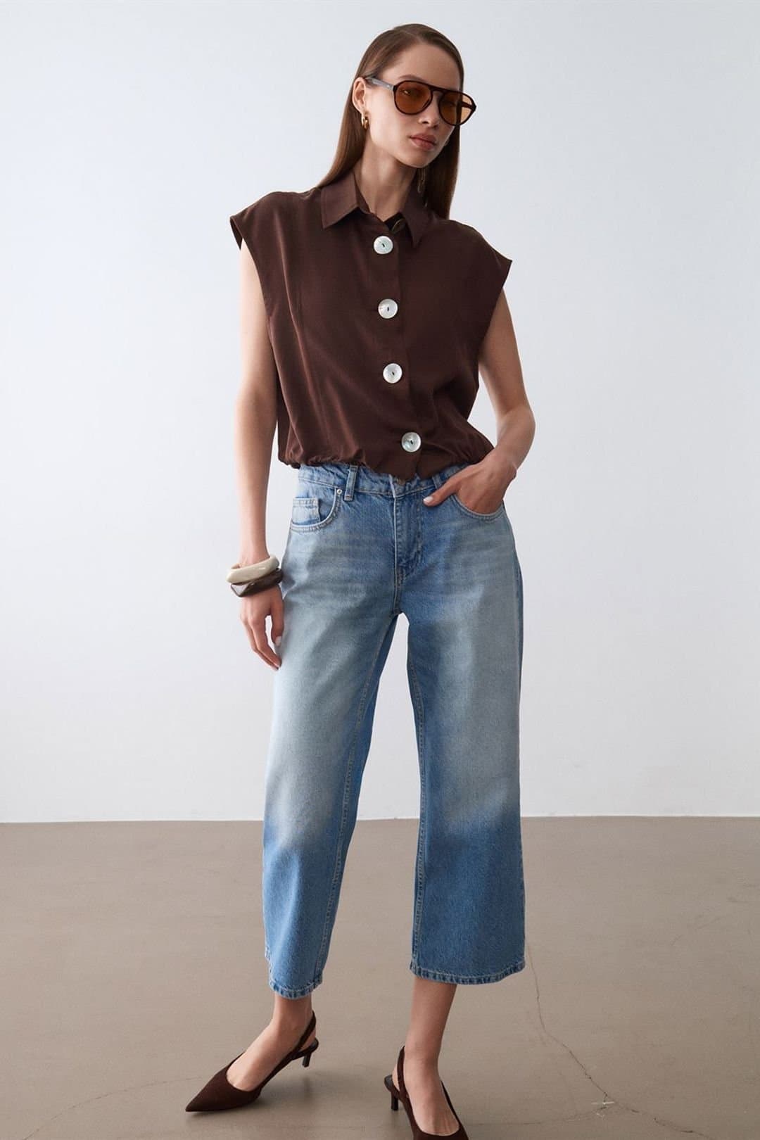 Dilvin Dilvin Brown Tencel Crepe Sleeveless Blouse