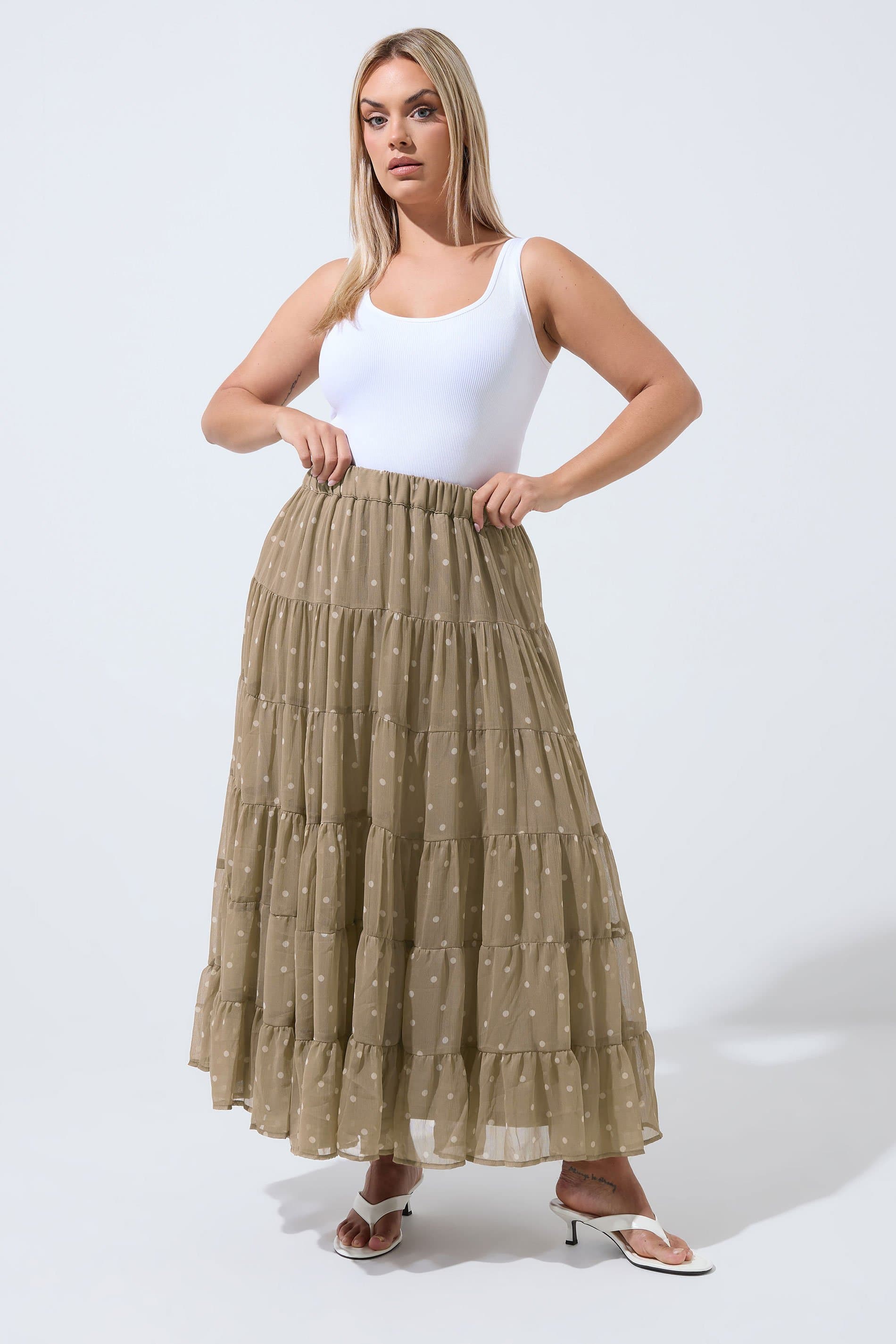 Limited Collection Curve Natural Brown Polka Dot Chiffon Skirt