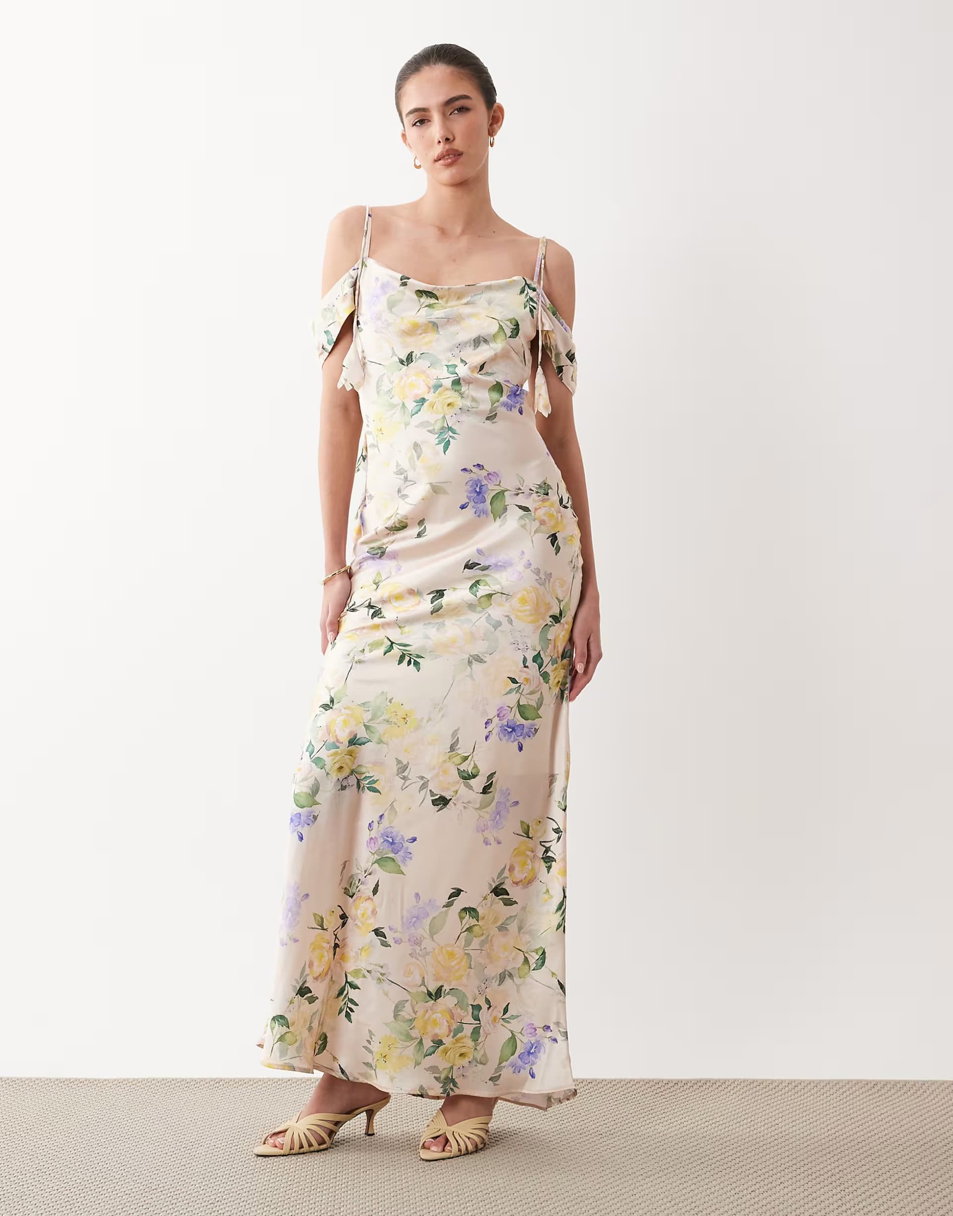ASOS Hope & Ivy satin cold shoulder cami maxi dress in light pink floral