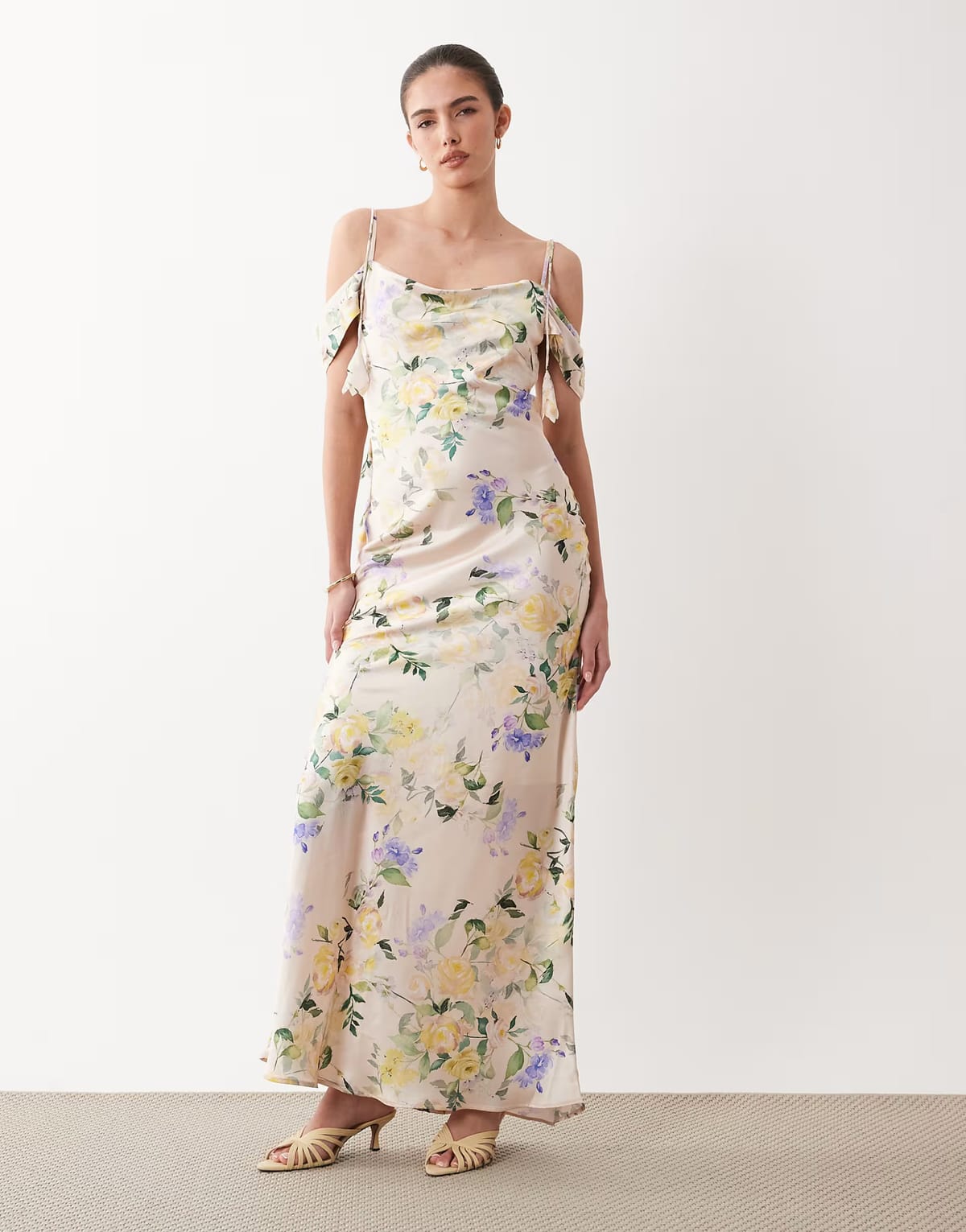 ASOS Hope & Ivy satin cold shoulder cami maxi dress in light pink floral - 1