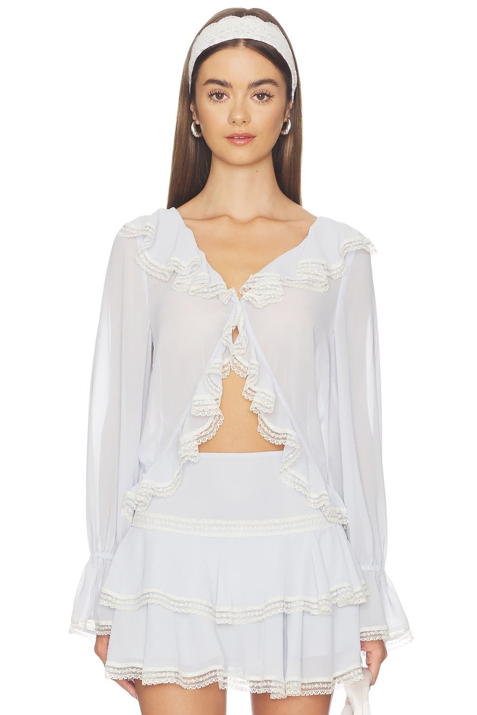 revolve Revolve White Lace Trim Long-Sleeve Blouse