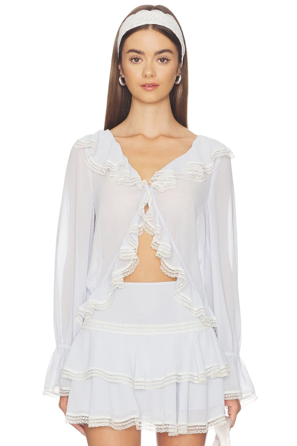 Revolve White Lace Trim Long-Sleeve Blouse