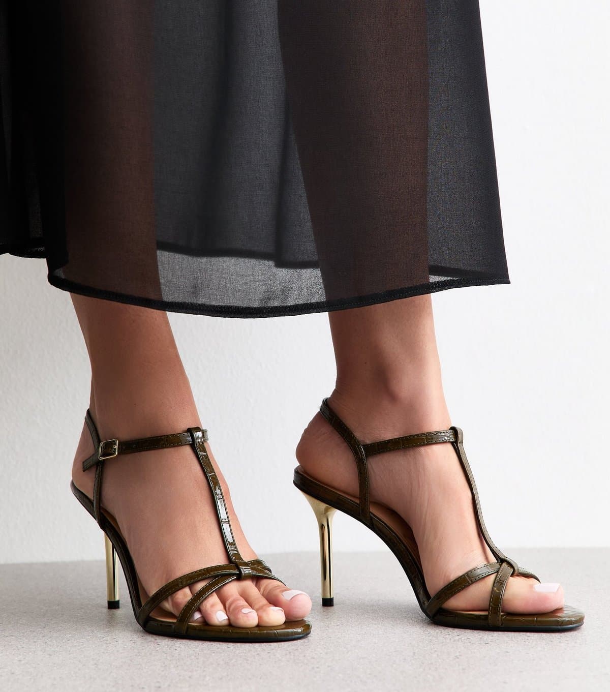 New Look New Look Khaki Faux Leather T-Bar Stiletto Sandals