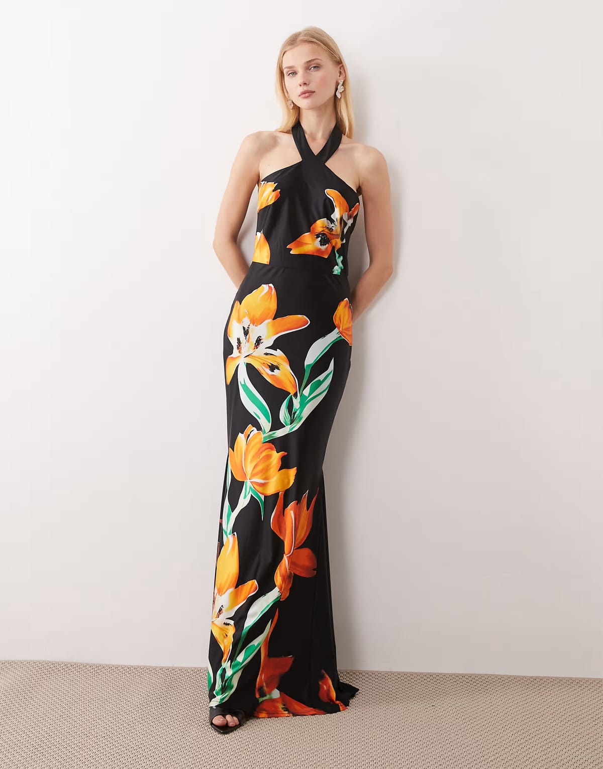 ASOS JW PEI racer halter neck satin mermaid hem maxi dress in black and orange floral - 1