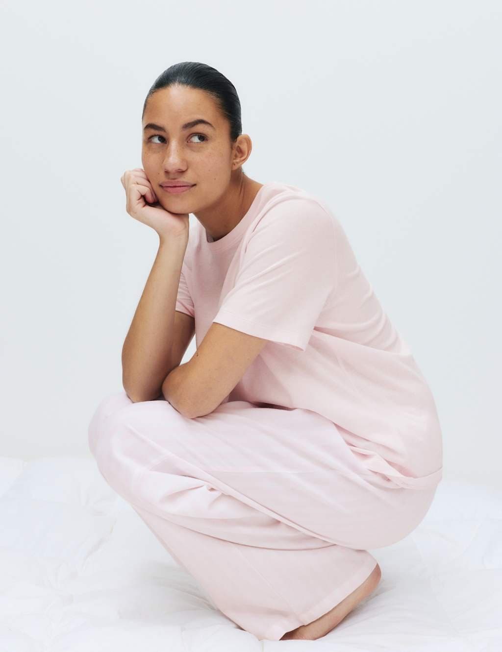 Marks & Spencer M&S Pure Cotton Pyjama Set With Woven Bottoms Pink Mix