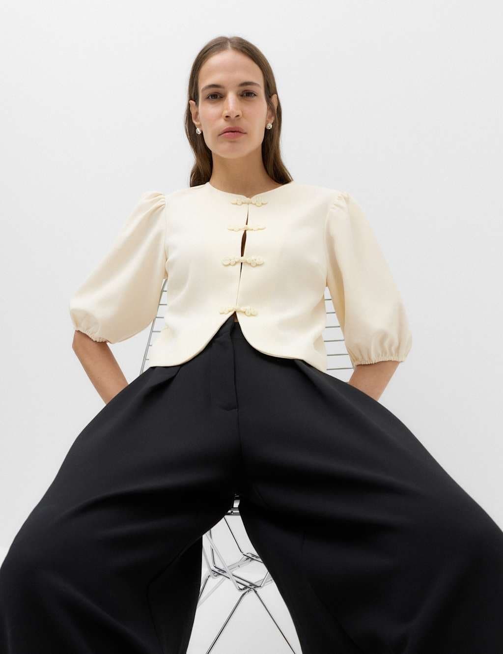 Marks & Spencer M&S Knot Button Detail Puff Sleeve Top Ivory