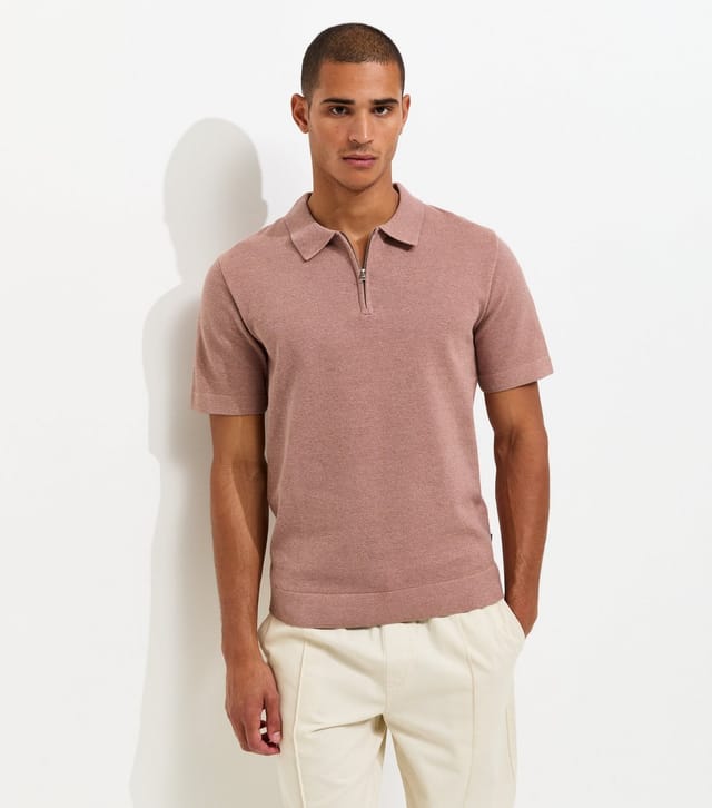 jack & jones Men's Light Pink Knitted Zip Front Polo Shirt Jack & Jones New Look - 2