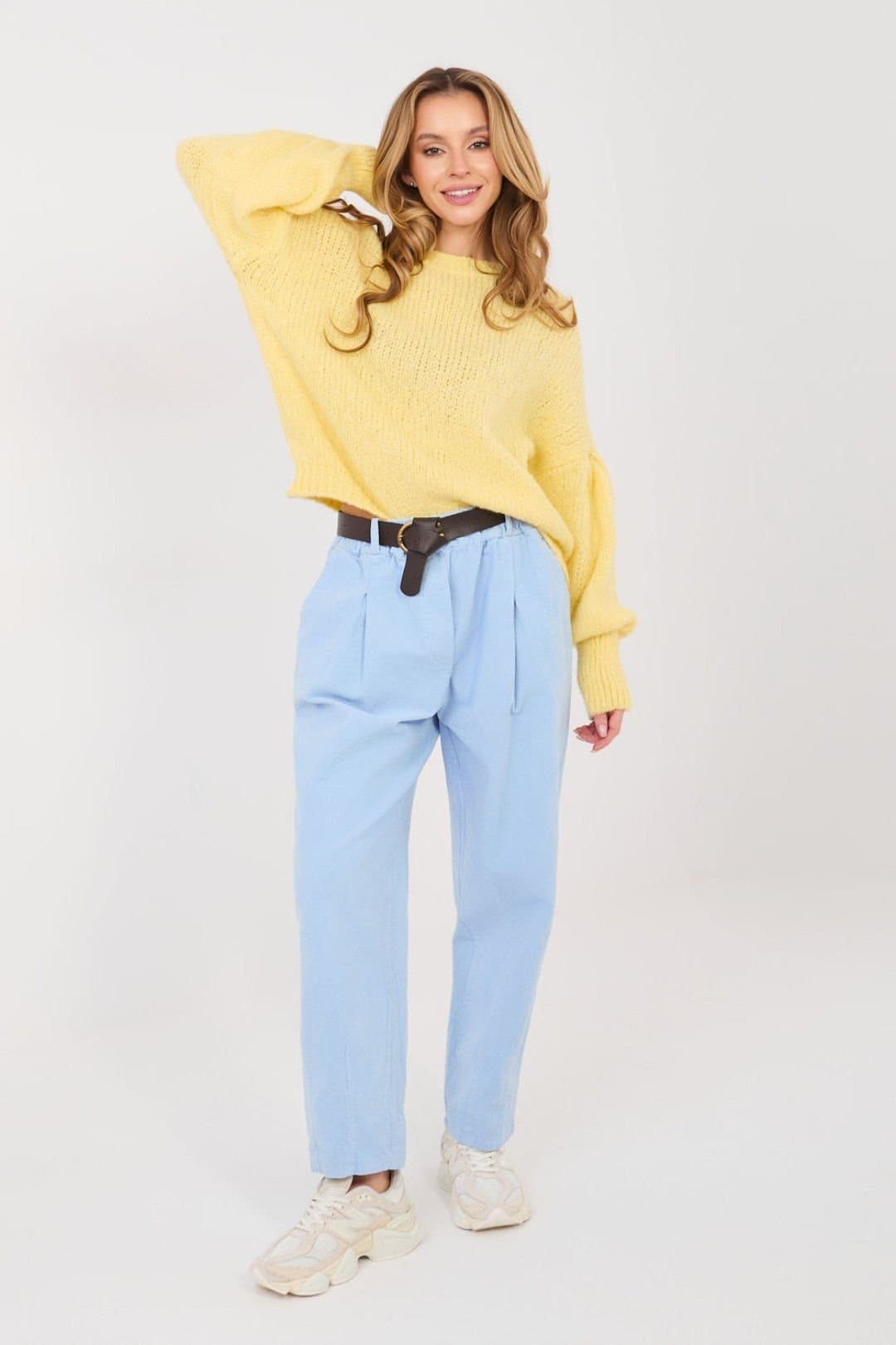 Love Lace Love Lace Women's Italian Corduroy Carrot Pants with Belt in Blue