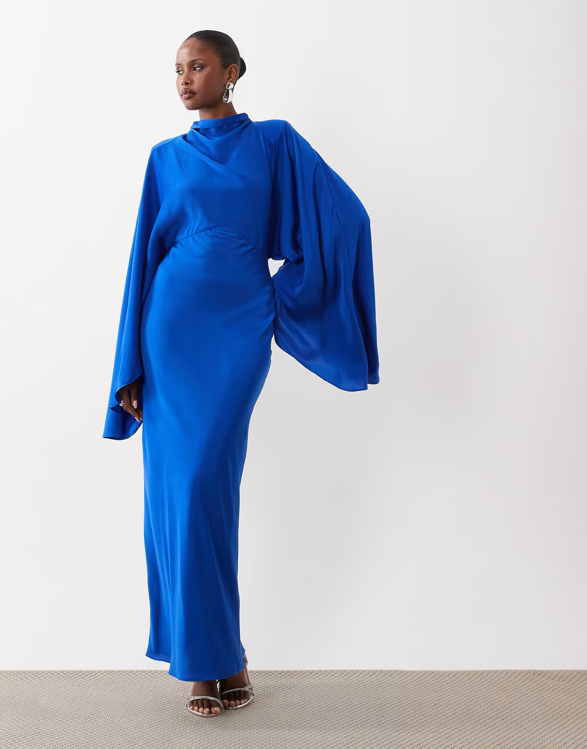 ASOS ASOS DESIGN funnel neck satin maxi dress with exaggerated sleeves in cobalt