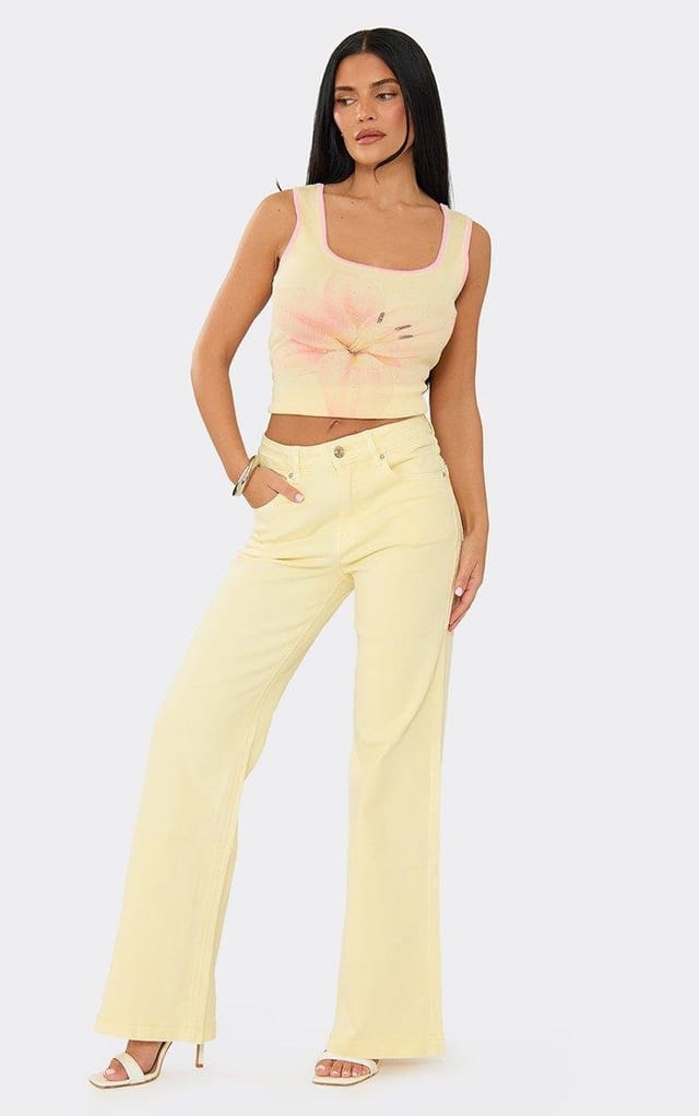 EGO Mid Rise Straight Leg Jeans In Lemon Denim, Women's Size UK L - 2