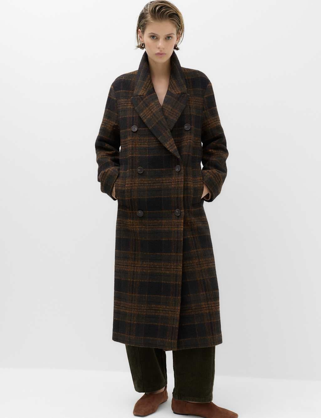 Marks & Spencer M&S Checked Double Breasted Longline Coat Black Mix