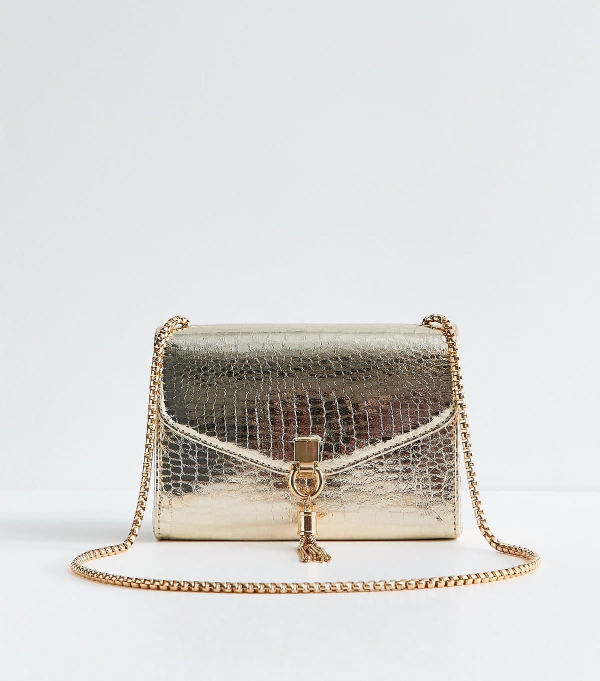 New Look Gold Faux Leather Tassel Trim Lizard Texture Crossbody Bag New Look