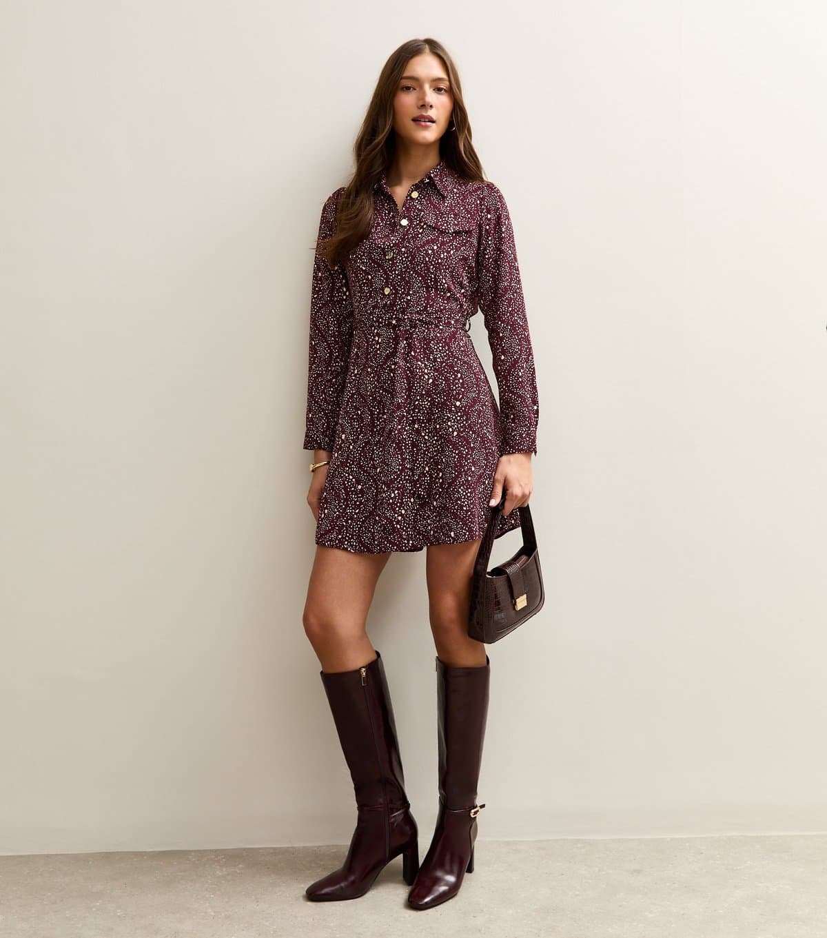 New Look Women's Dark Red Speckled Mini Shirt Dress New Look