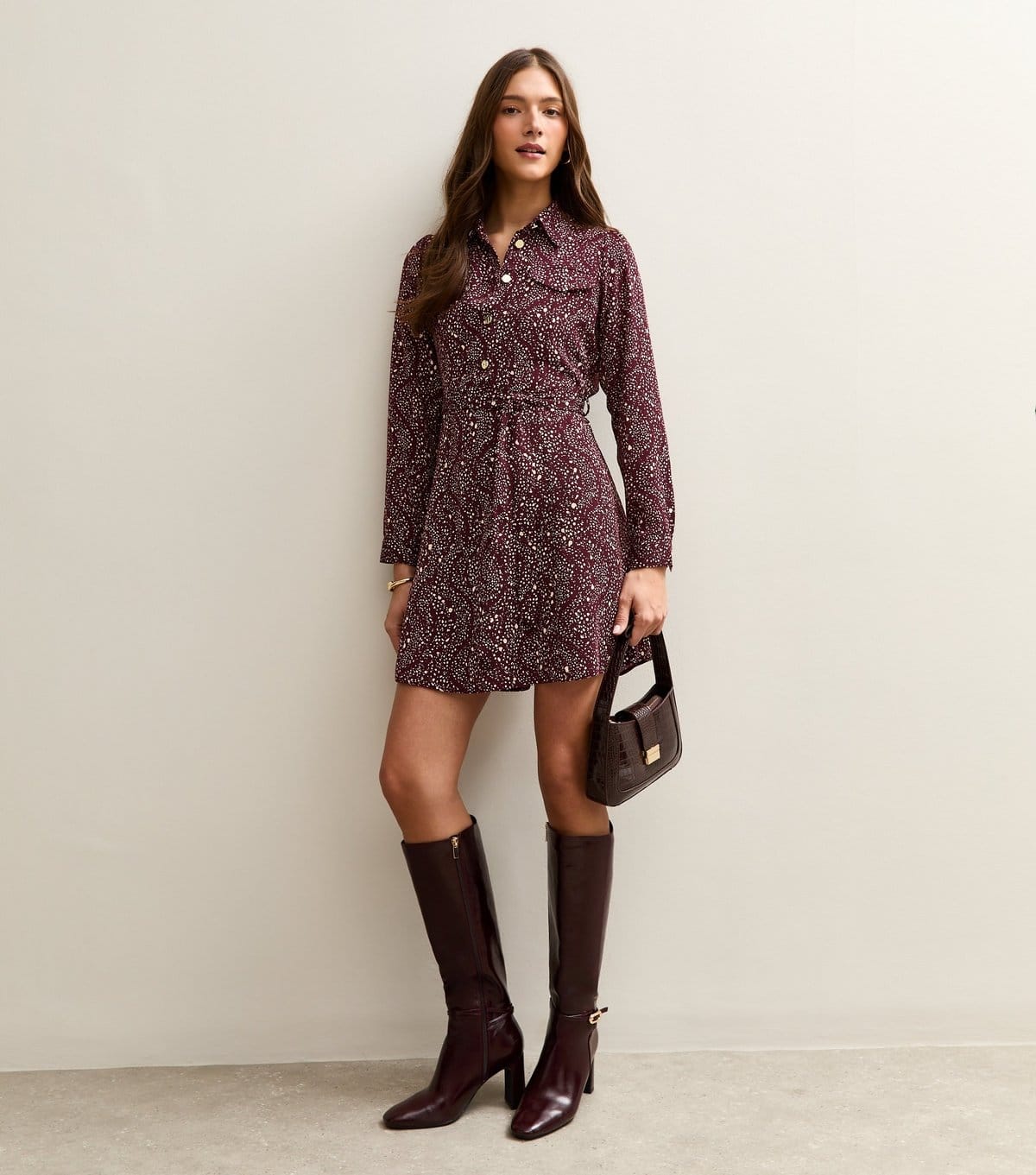 Women's Dark Red Speckled Mini Shirt Dress New Look
