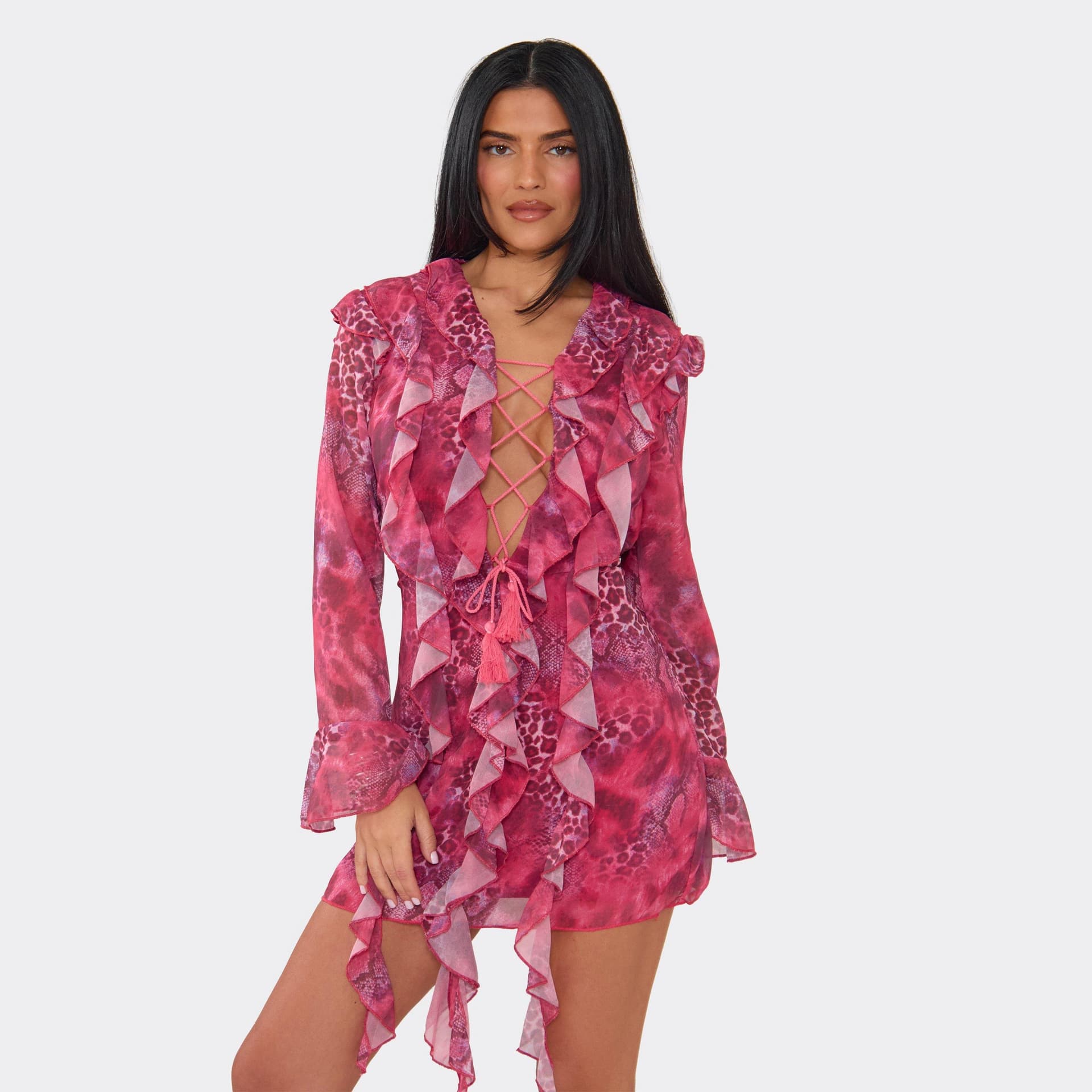 EGO Long Sleeve Frill Lace Up Front Mini Dress In Pink Animal Print, Women's Size UK 6