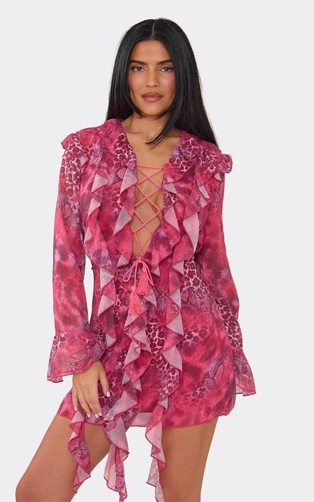 EGO Long Sleeve Frill Lace Up Front Mini Dress In Pink Animal Print, Women's Size UK 6 - 2