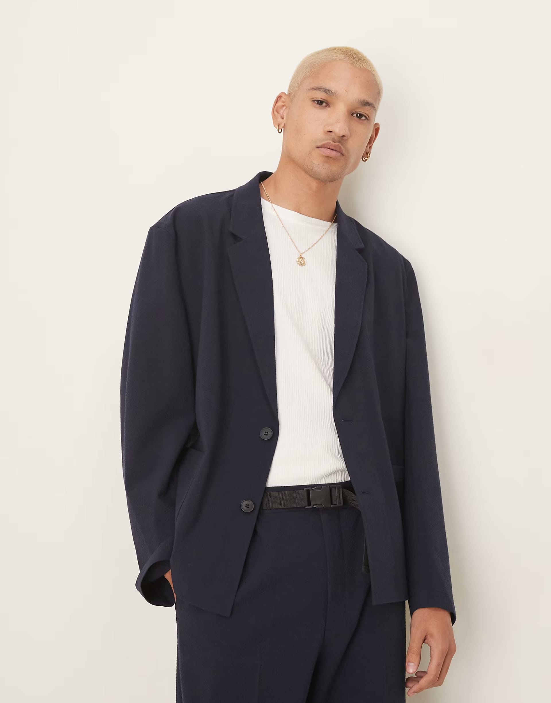 ASOS DESIGN Navy Seersucker Slouchy Boxy Suit Jacket