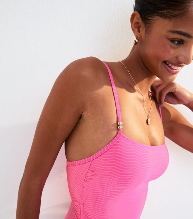 New Look Women's Bright Pink Wave Textured Ruched Side Swimsuit New Look - 3