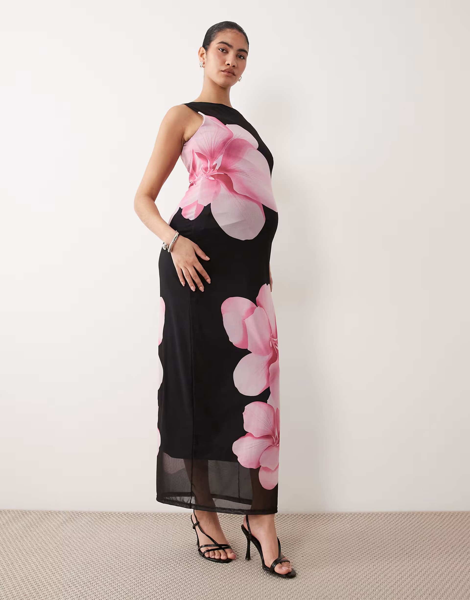 ASOS Mamalicious Maternity sleeveless mesh midi dress in black based floral print