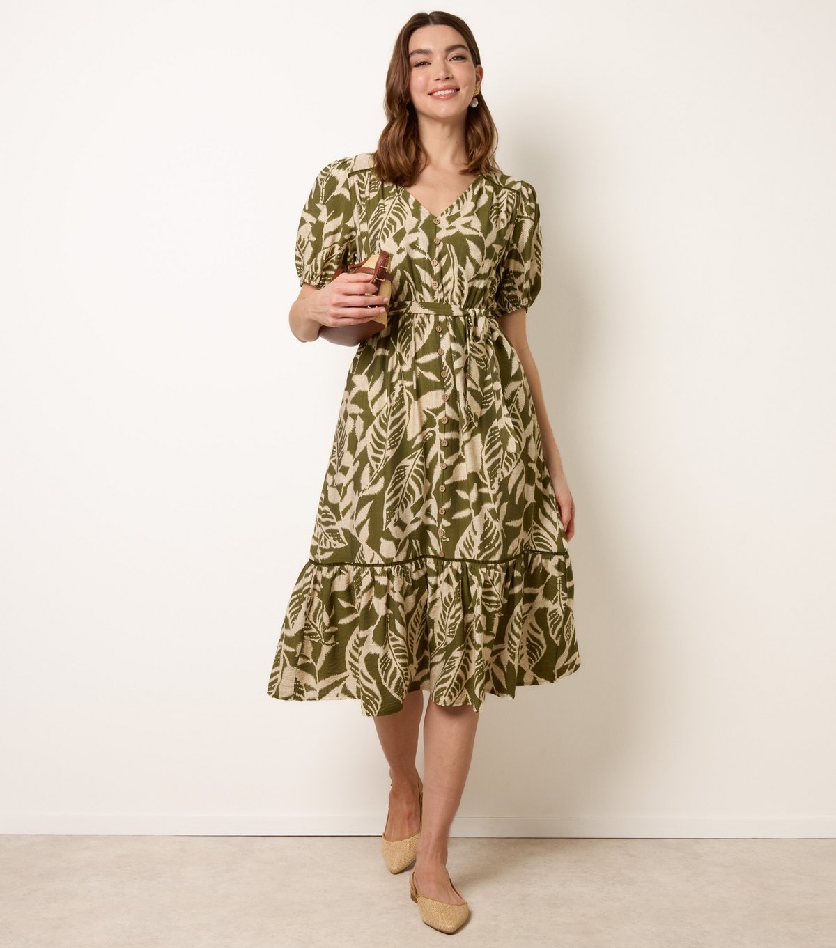 Blue Vanilla Women's Dark Khaki Leaf Print Button Detail Midi Dress Blue Vanilla New Look - 1