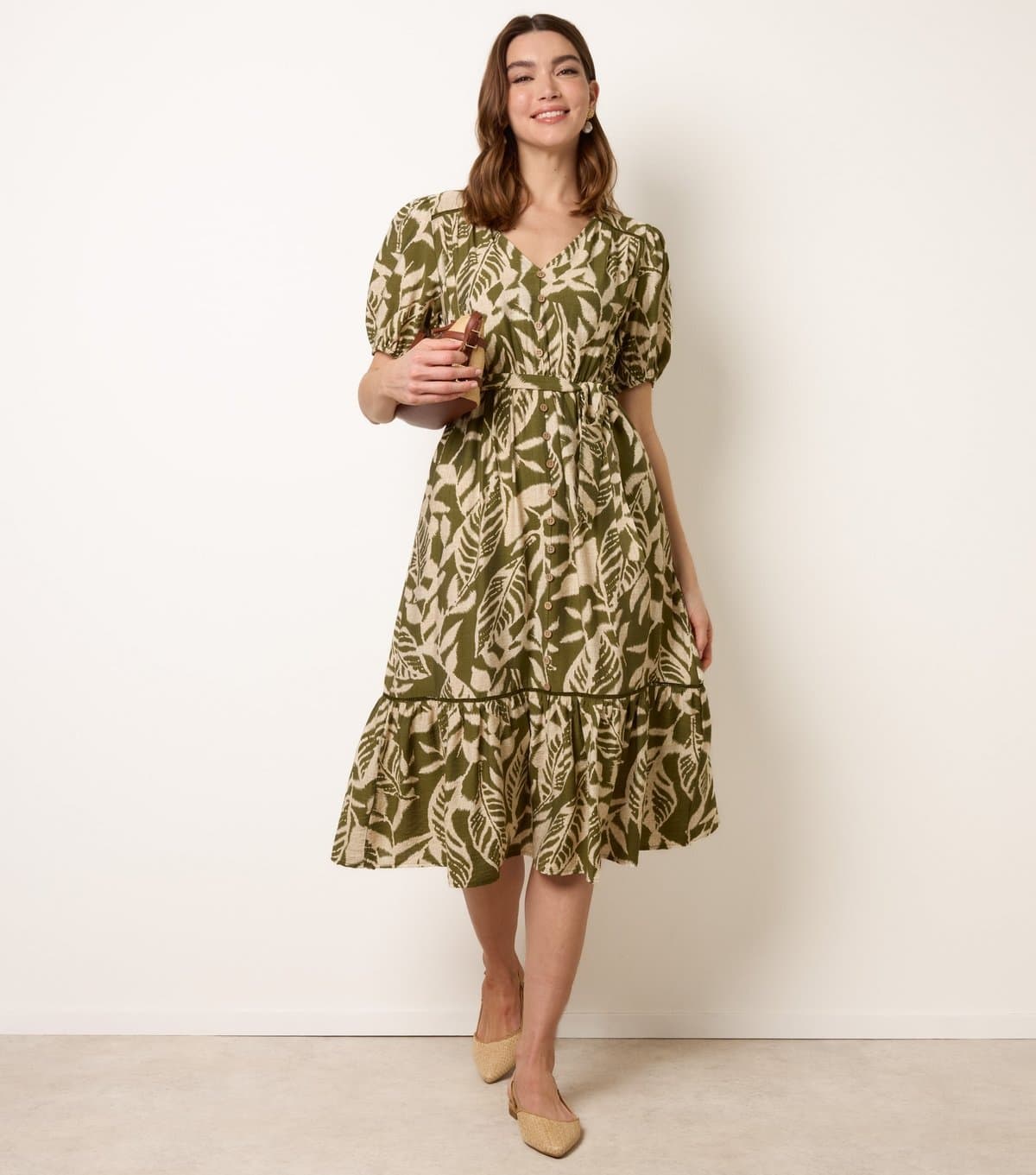 Blue Vanilla Women's Dark Khaki Leaf Print Button Detail Midi Dress Blue Vanilla New Look