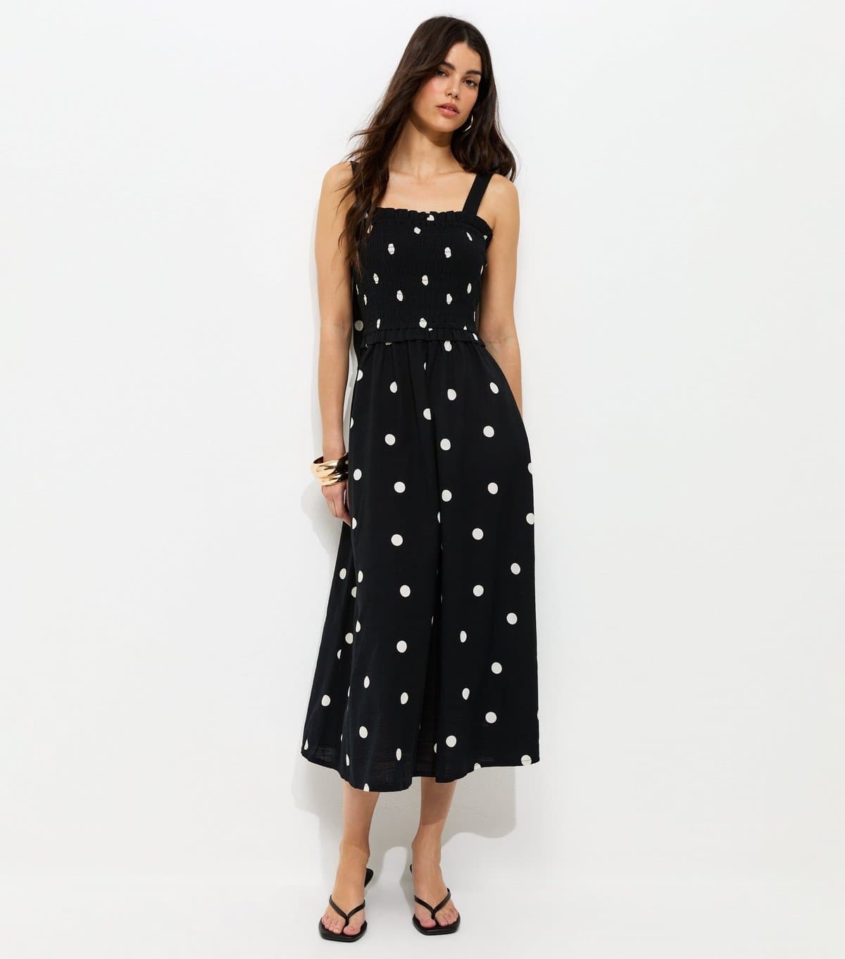 New Look Women's Black Spot Print Shirred Bow Back Strappy Midi Dress New Look