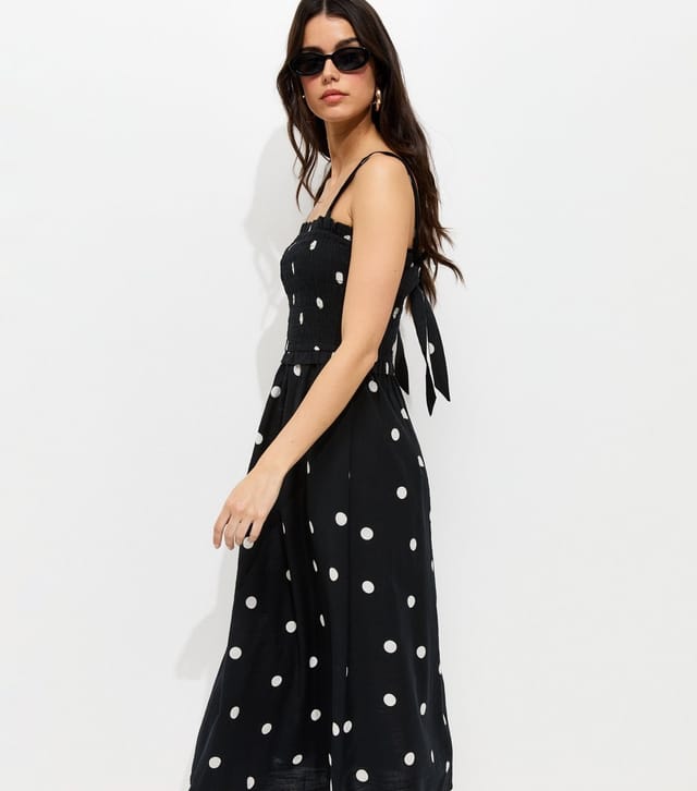 New Look Women's Black Spot Print Shirred Bow Back Strappy Midi Dress New Look - 3