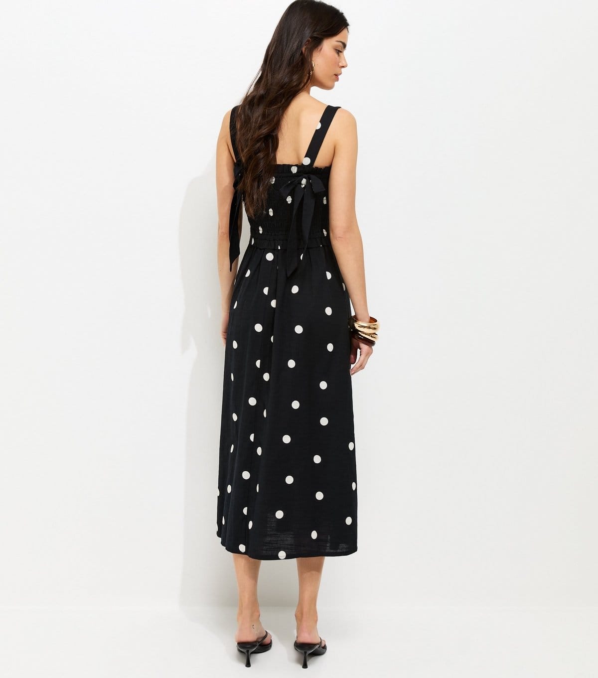 New Look Women's Black Spot Print Shirred Bow Back Strappy Midi Dress New Look - 4