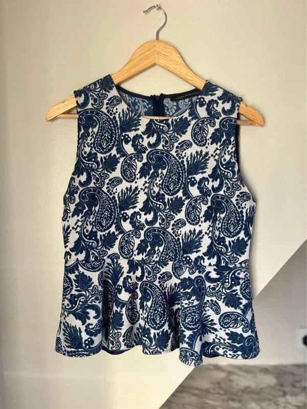Zara Zara White Blue Floral Paisley Print High Neck Peplum Top Blouse Summer Holiday Size Large