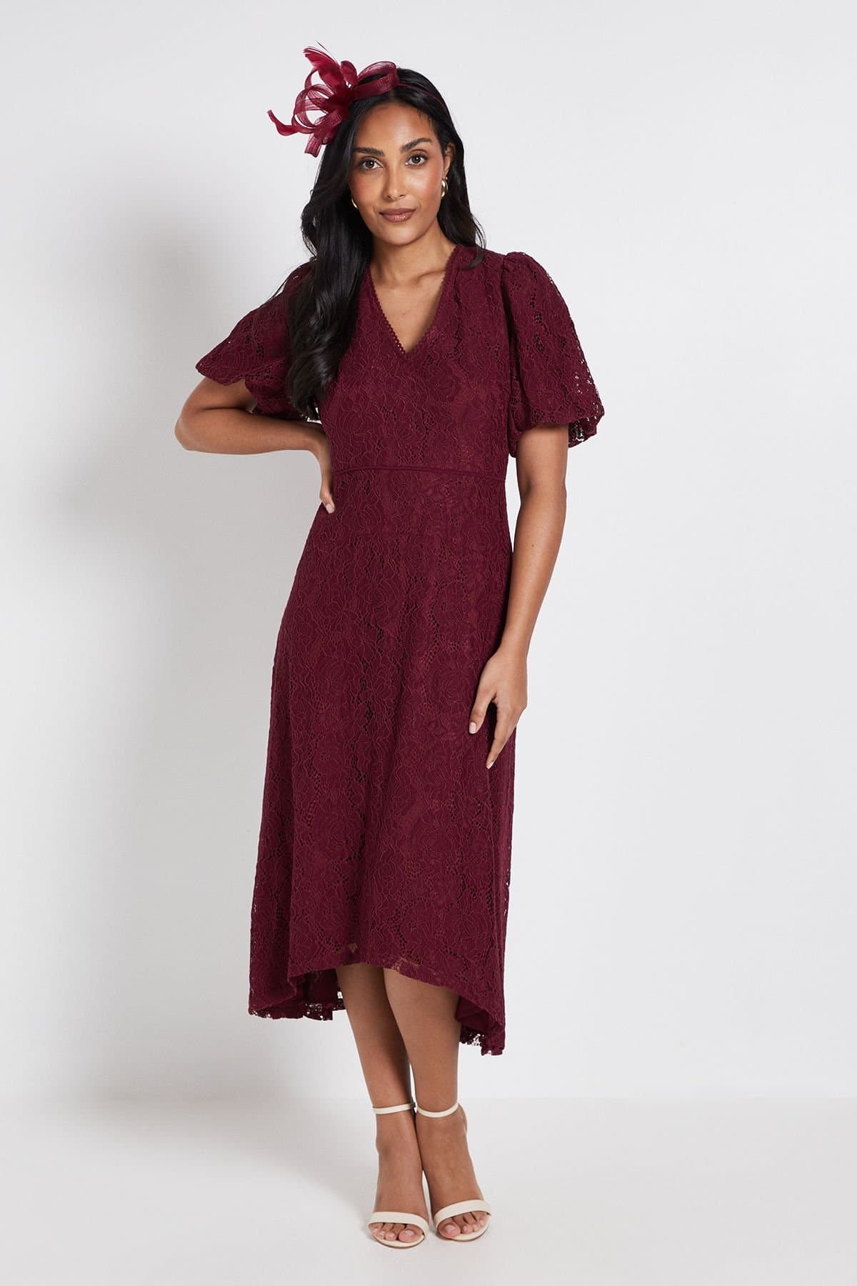 Wallis Wallis Women's Petite Lace Drop Hem Midi Dress in Plum