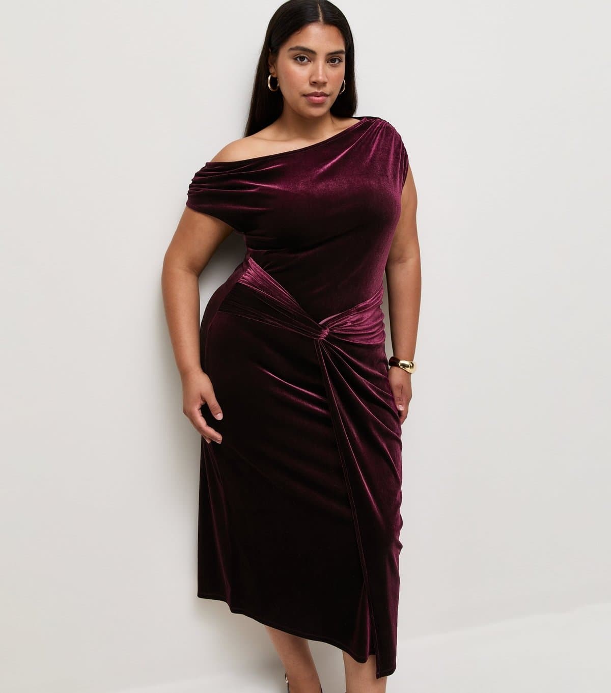 New Look Women's Plus Size Dark Burgundy Velvet Fallen Shoulder Front Knot Midi Dress Curves New Look