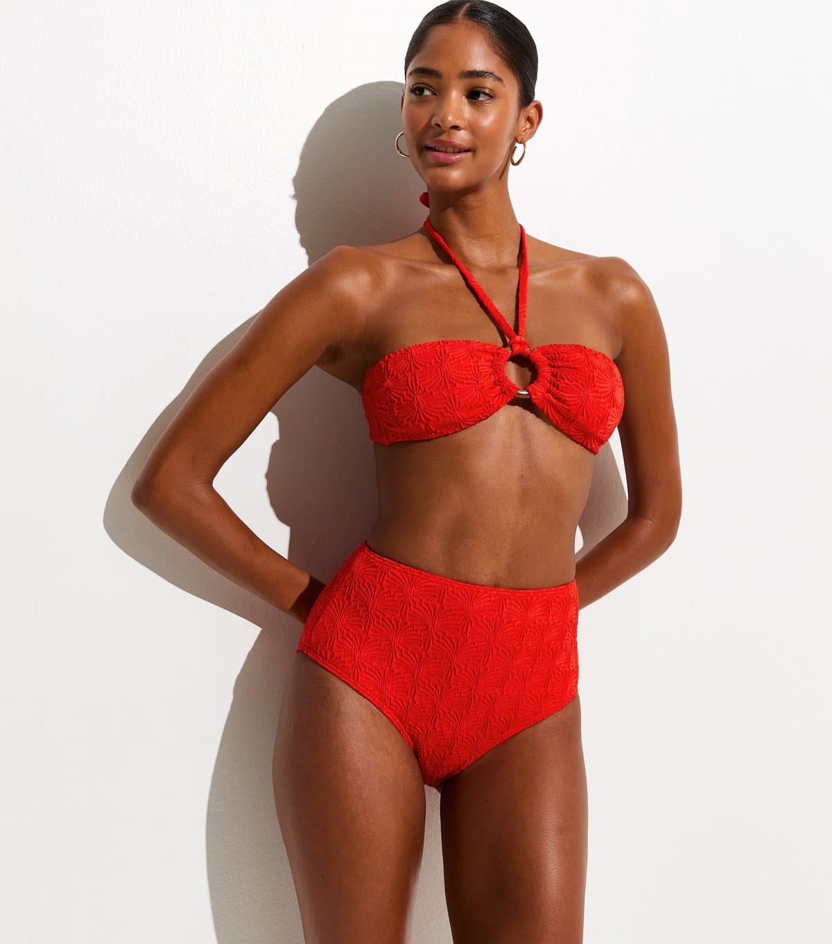 New Look New Look Bright Red Textured High Waist Bikini Bottoms