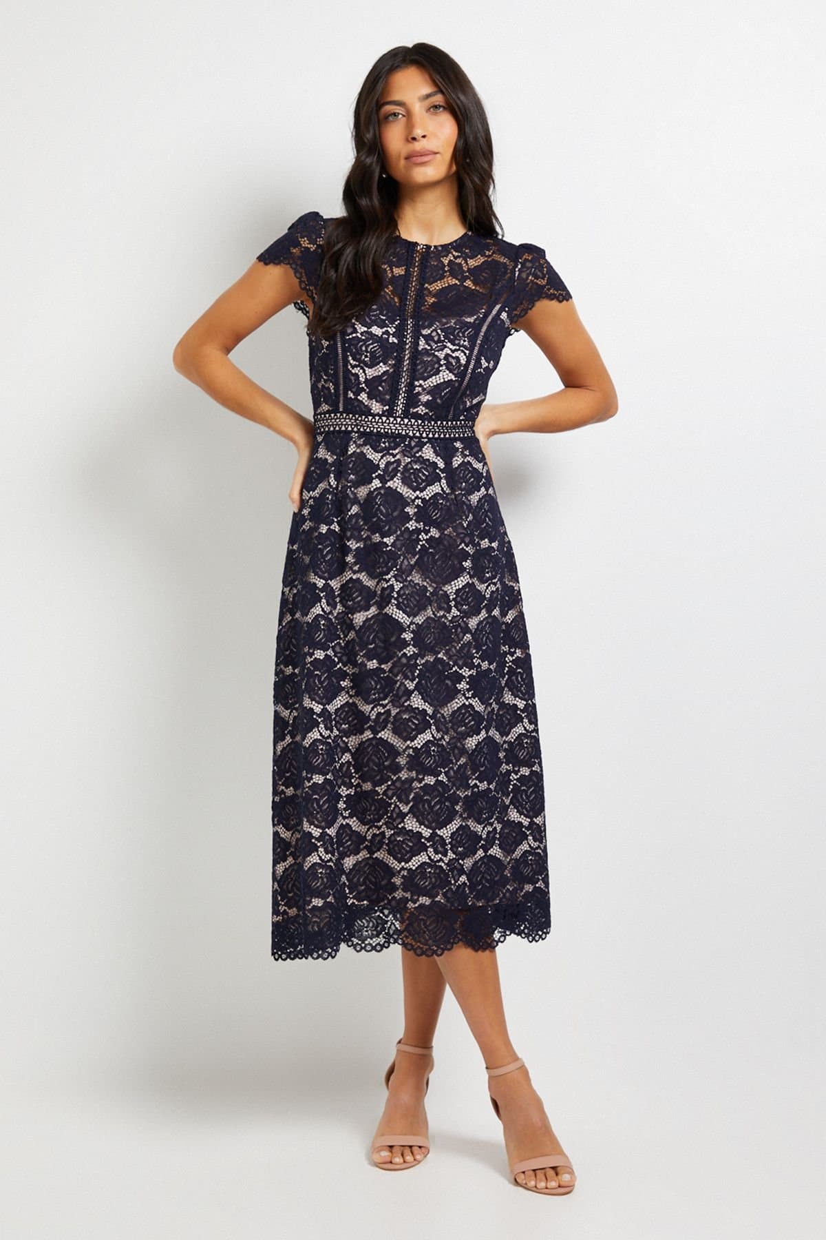 Wallis Wallis Women's Lace Fit & Flare Midi Dress in Navy