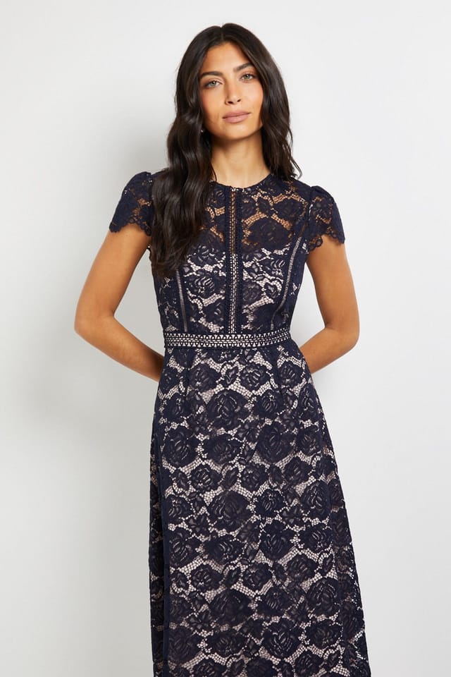 Wallis Wallis Women's Lace Fit & Flare Midi Dress in Navy - 2