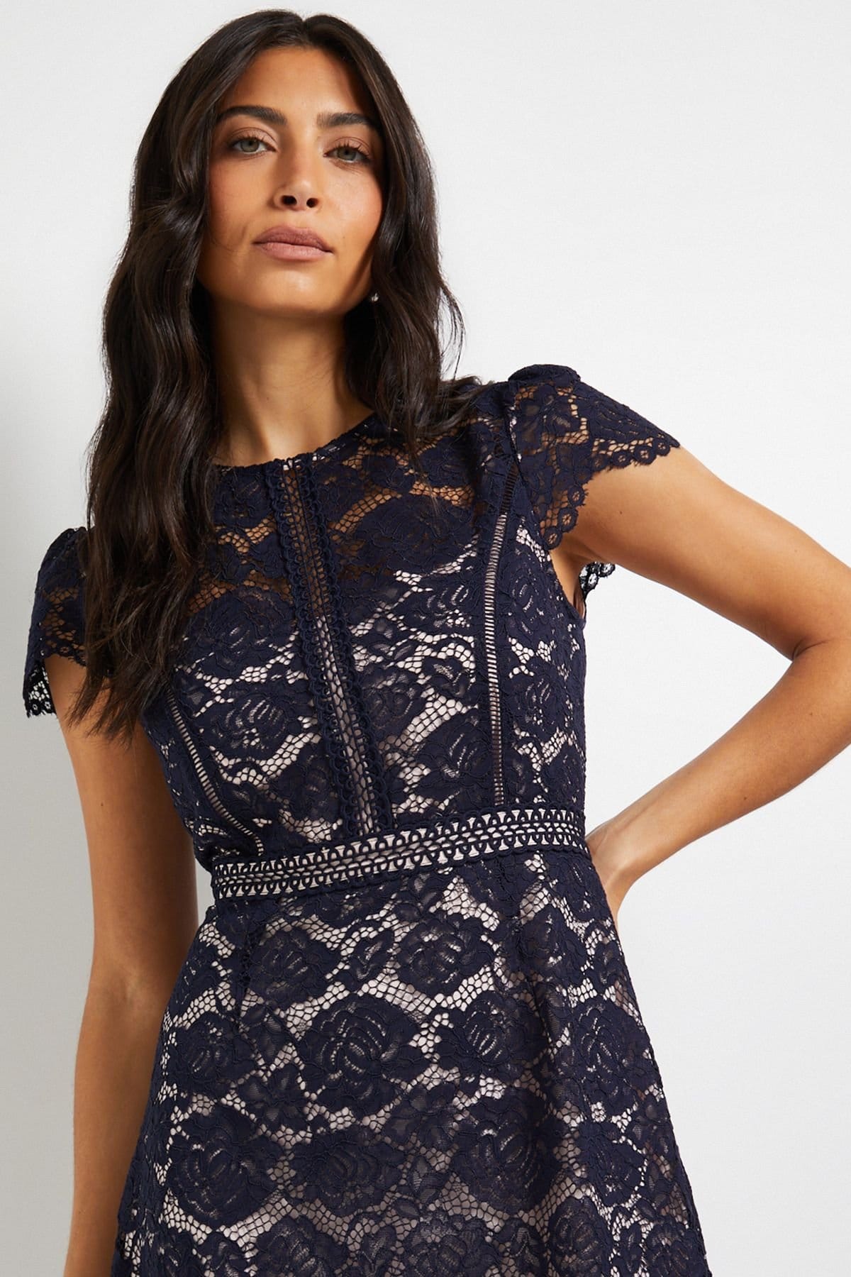 Wallis Wallis Women's Lace Fit & Flare Midi Dress in Navy - 4