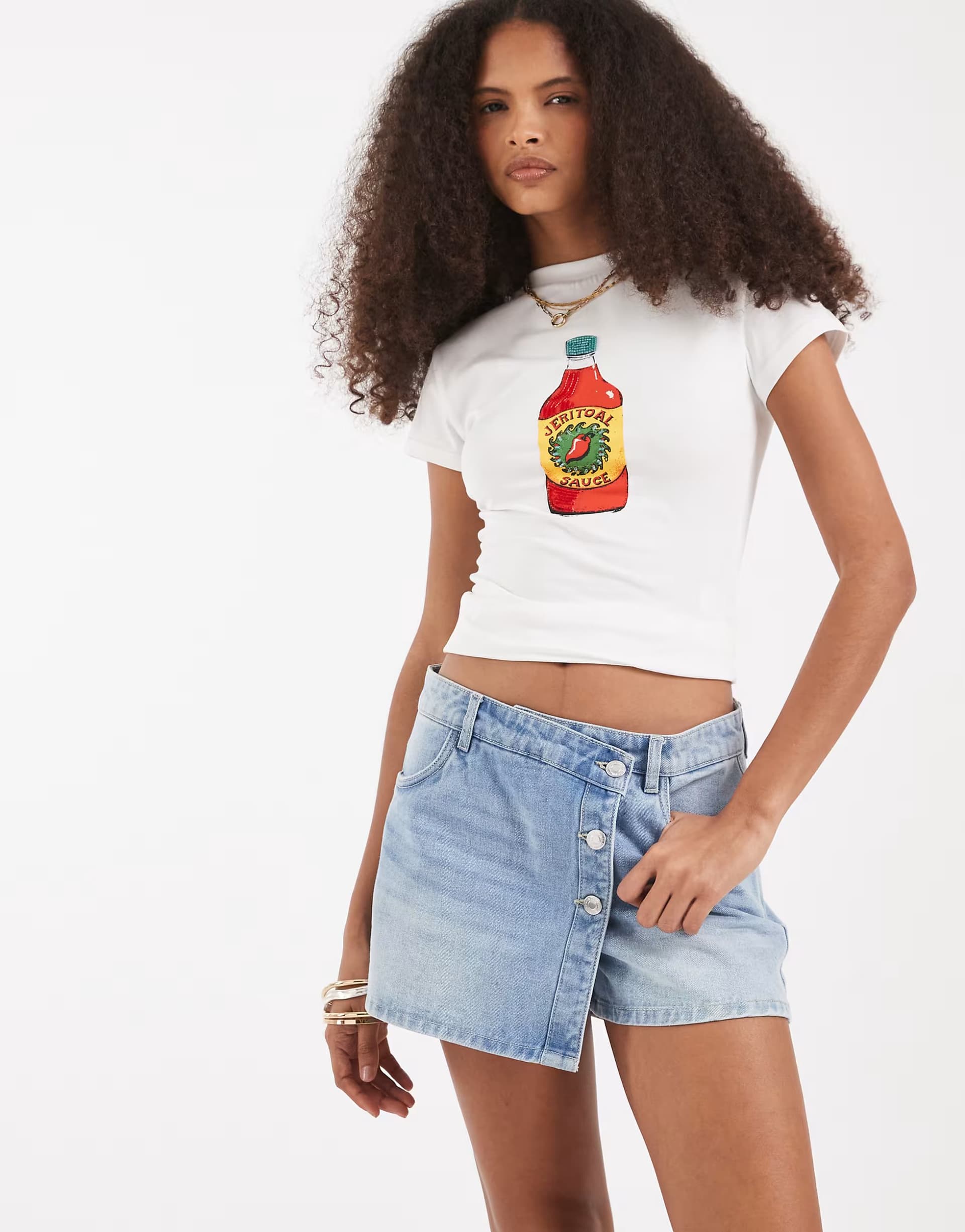 ASOS Vero Moda high waist denim mini skort with asymmetirc button in light blue denim