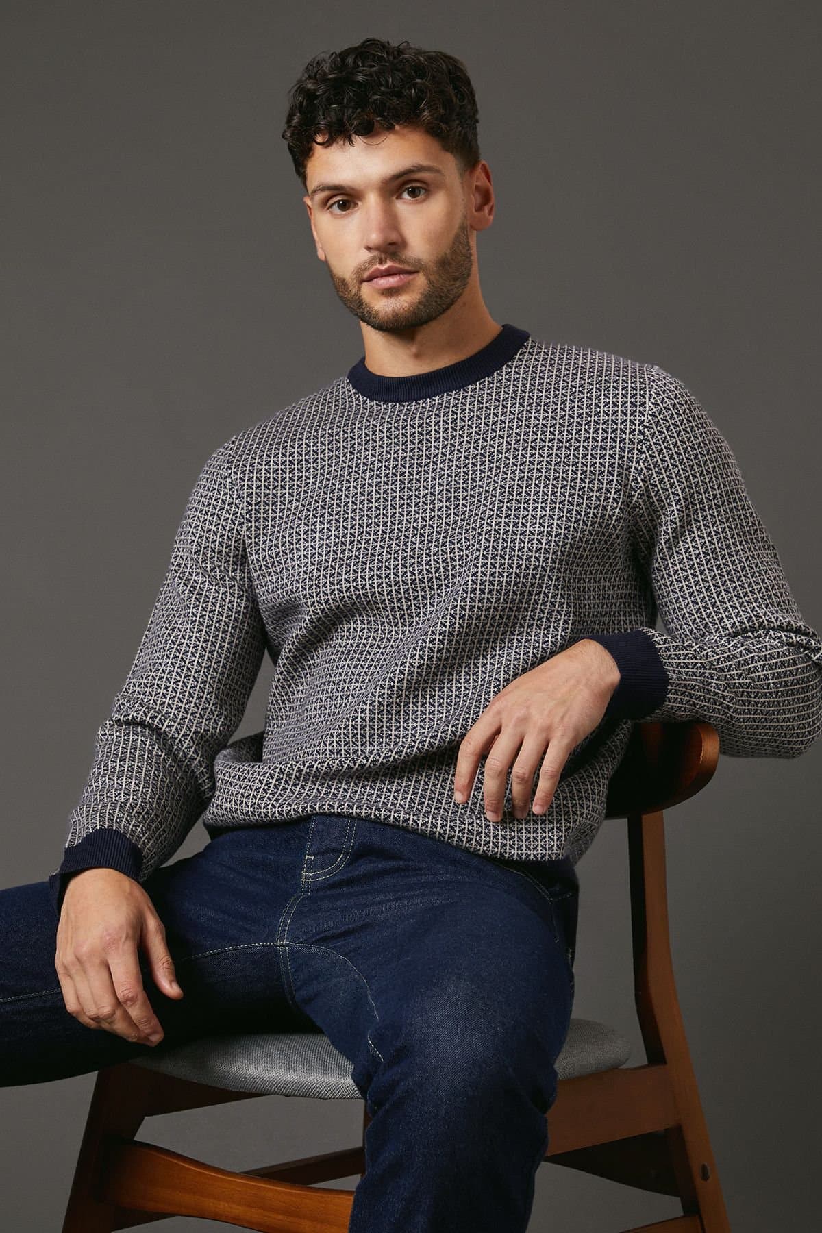 Burton Burton Men's Navy Super Soft Knitted Geo Crew Neck Jumper